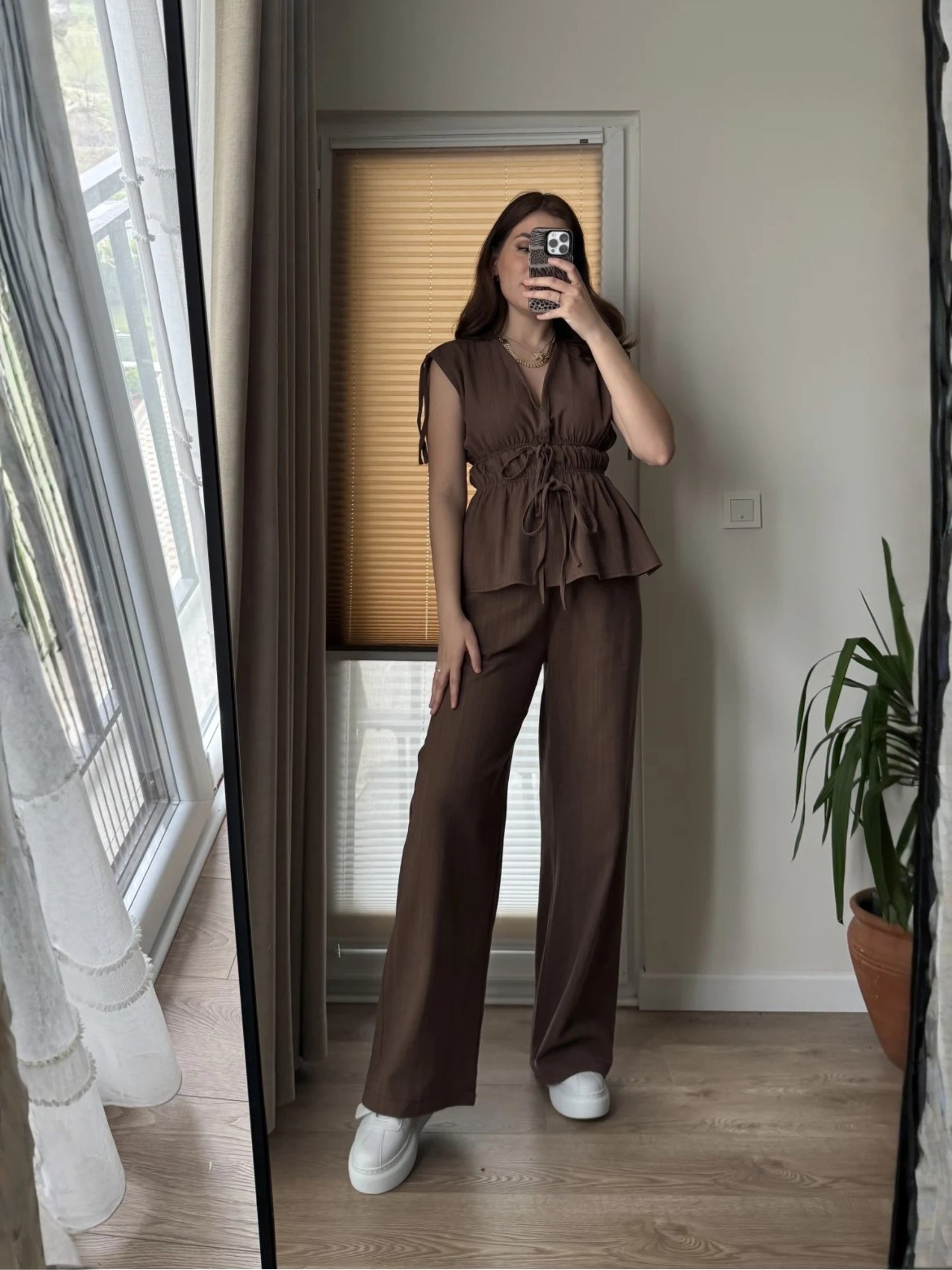 Elastic Waist Tie Detail Set – Coffee Brown