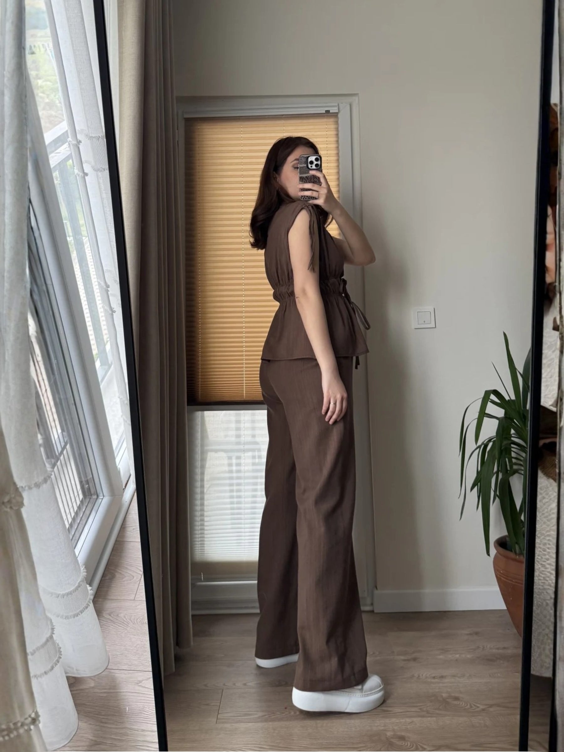 Elastic Waist Tie Detail Set – Coffee Brown