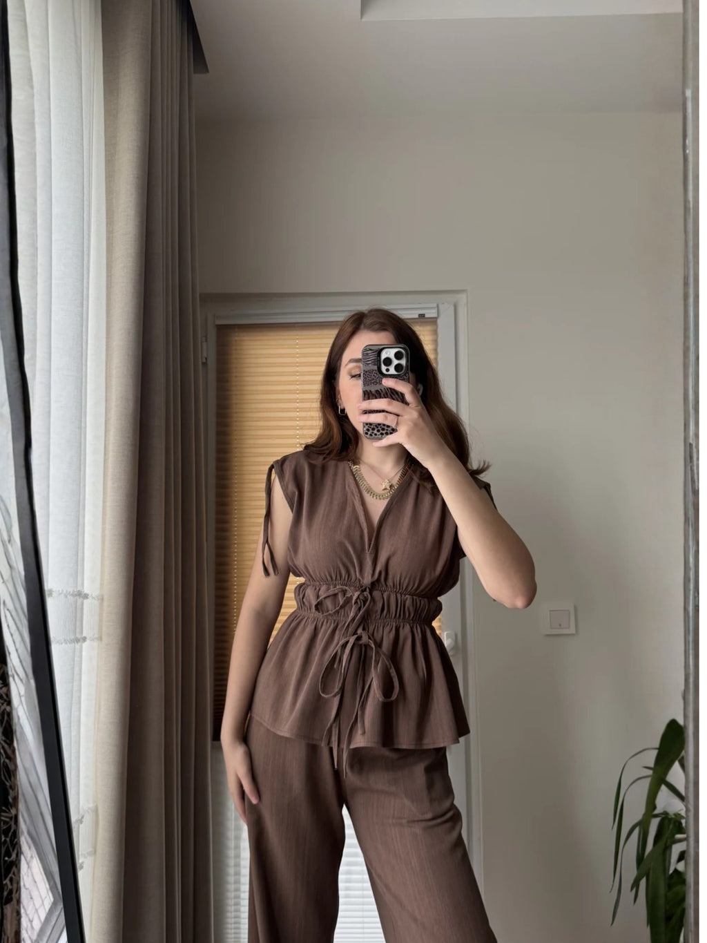 Elastic Waist Tie Detail Set – Coffee Brown