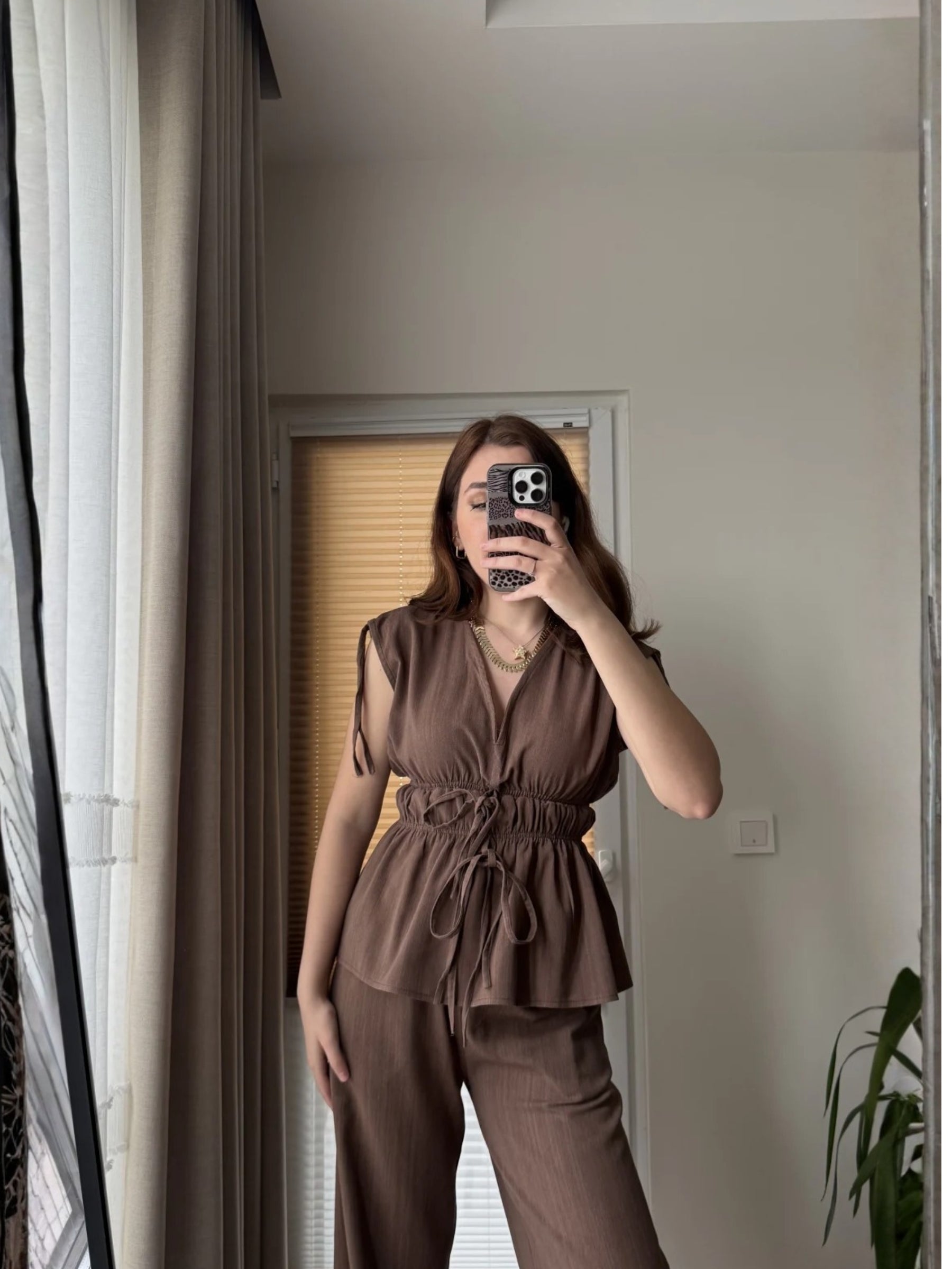 Elastic Waist Tie Detail Set – Coffee Brown