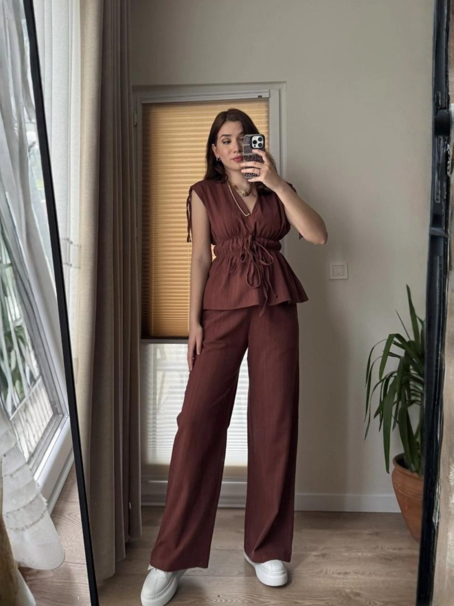 Elastic Waist Tie Detail Set – Wine