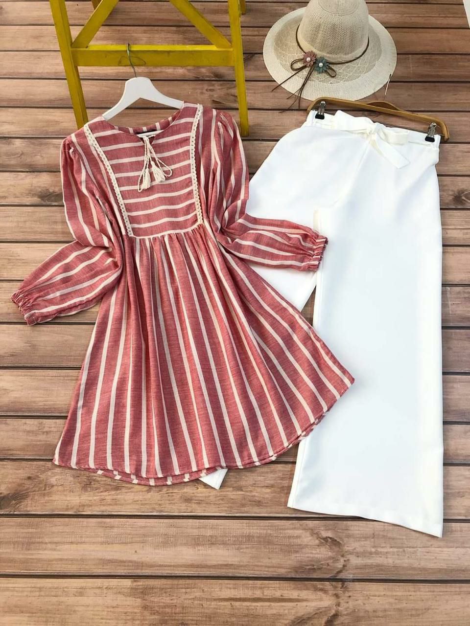Striped Tunic & White Trouser Set