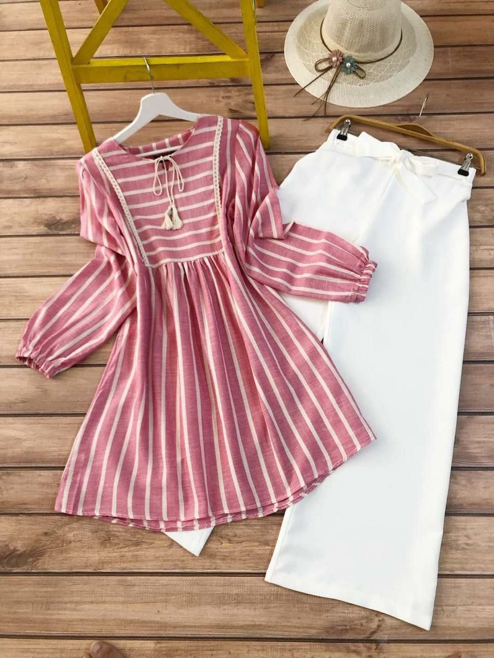 Striped Tunic & White Trouser Set