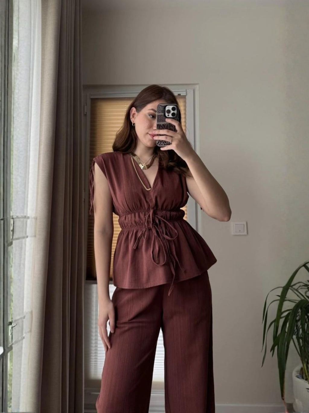 Elastic Waist Tie Detail Set – Wine