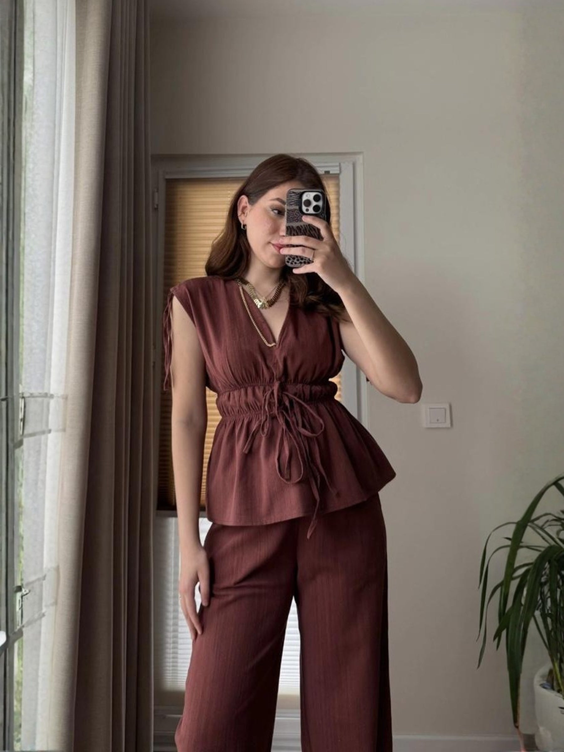 Elastic Waist Tie Detail Set – Wine