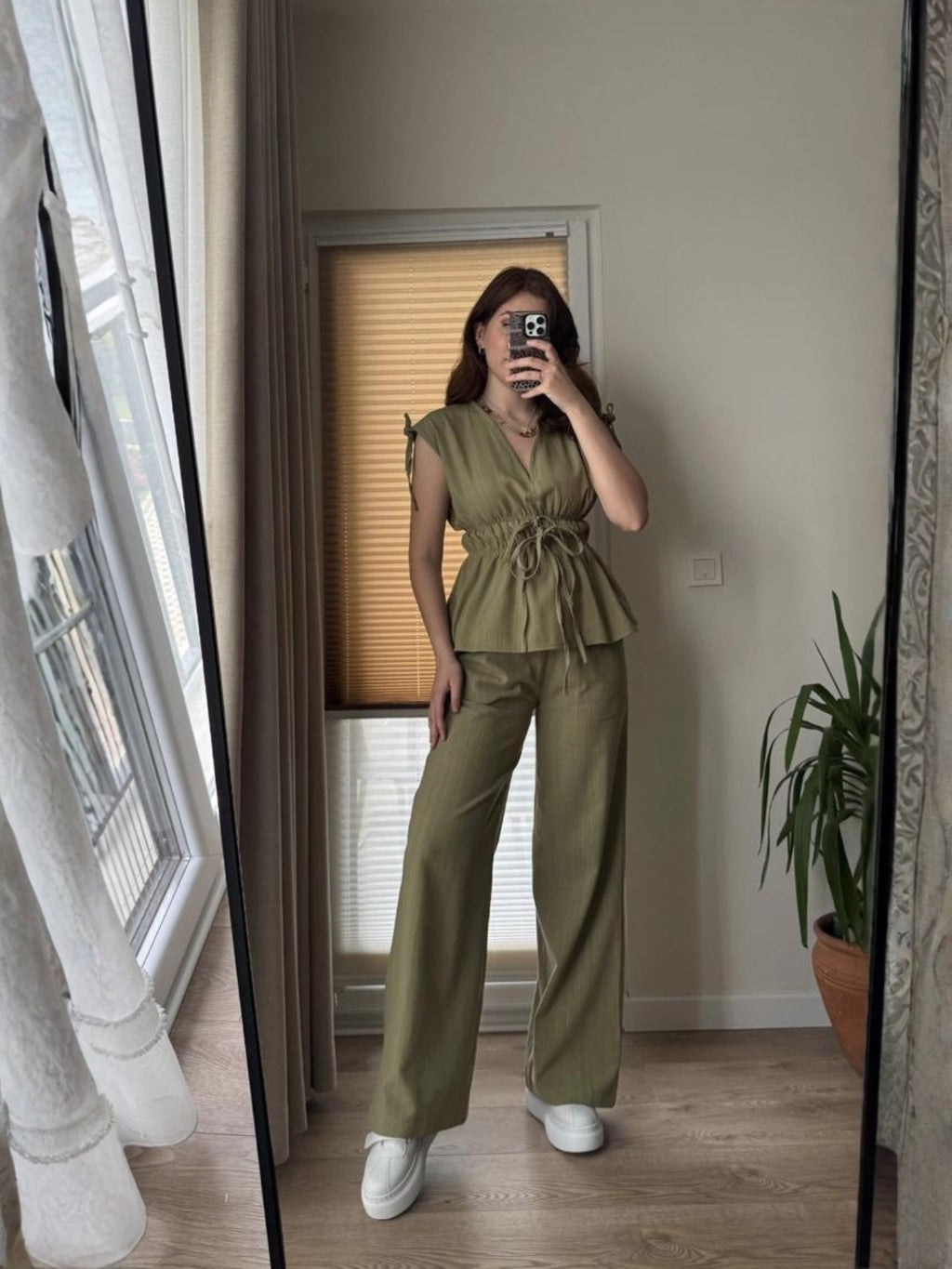 Elastic Waist Tie Detail Set – Olive Green