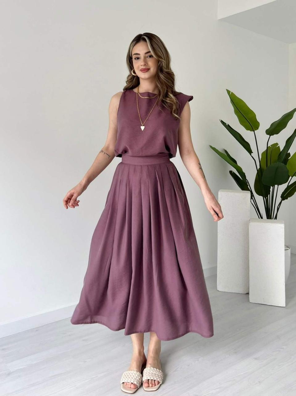 Sleeveless Top & Pleated Midi Skirt Set