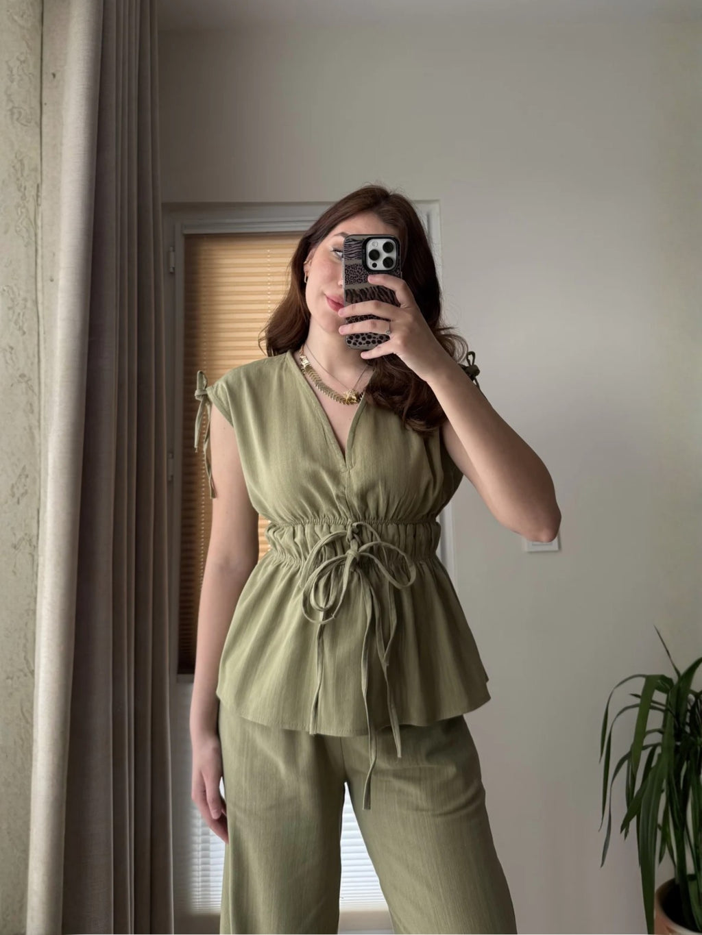 Elastic Waist Tie Detail Set – Olive Green